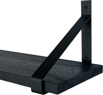 GoudmetHout® Wandplank Industrieel - 200 x 25 cm Muurplank - Zwart Eiken Hout - Decoratie Wandrek & Boekenrek - Hangplank Keuken - Wall Shelf + 2 Mat Zwarte Plankdragers van Staal