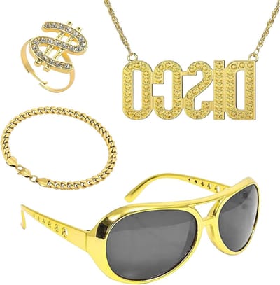 Hip-Hop Kostuum Set met 4 Stukken, Gouden Plated Handgemaakte Ketting, Beweegbare Dollar Ring, Zilverkleurige Bril en 20cm Armband, Trendy Accessoires voor Feestjes en Festivals