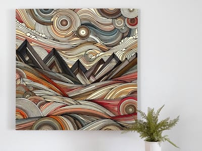 Line art landschap schilderij | Linear horizon painting: a symphony of geometric landscapes in motion | Kunst - 75x75 centimeter op Forex | Foto op Forex