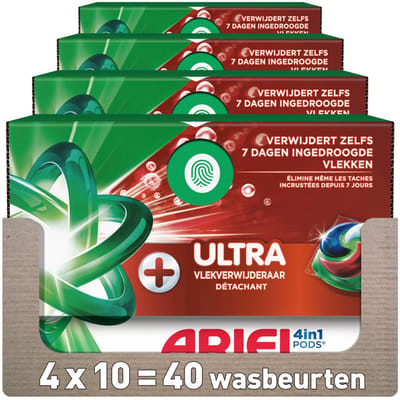 Ariel 4in1 Wasmiddel Pods Ultra Vlekverwijderaar - 4 x 10 stuks - Voordeelverpakking
