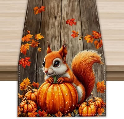 Herfst Tafelkleed met Pompoen, Esdoornblad en Eekhoorn - Seizoensdecoratie voor Keuken en Woonkamer, Perfect voor Oogstfeesten en Cadeaus, 33cm x 180cm