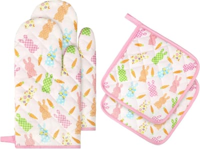 SnelShoppen - Lente Konijn Cartoon Ovenwant en Potholders Set van 4 - 100% Katoen, Hittebestendig, Extra Lange Ovenhandschoenen & Warmte Pads voor Kok