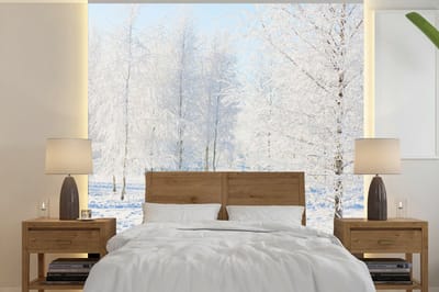 Behang - Fotobehang Sneeuw - Bomen - Winter - Breedte 240 cm x hoogte 240 cm