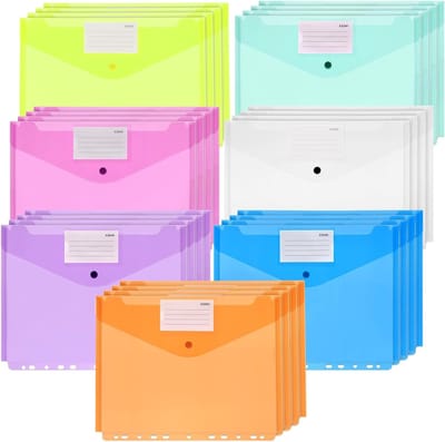 Set van 28 A4 Document Compartimenten in 7 Kleuren, Doorzichtige Mappen voor Documenten, Ideaal voor Organiseren en Labelen van Papieren