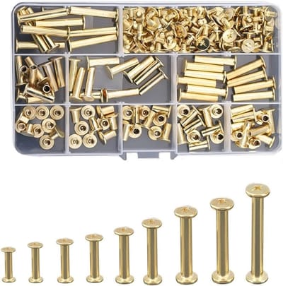 Tying Screw Kit met 90 Paar, Metalen Ronde Hoofd Chicago Schroeven voor DIY Leerdecoratie en Boekbinden, Messing Geplateerd - 9 Maten van 5mm tot 30mm
