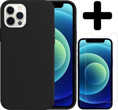 Hoesje - Met Screenprotector - Geschikt voor Apple iPhone 12 Pro - Sterk & Shockproof - Telefoon Hoes - Back Cover - Siliconen Case - Telefoonhoes - Zwart