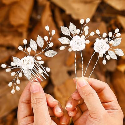Haarkam voor Bruid met Bloemen en Parels - Elegante Haaraccessoires voor Bruiloft en Bruidsmeisjes (3 stuks)