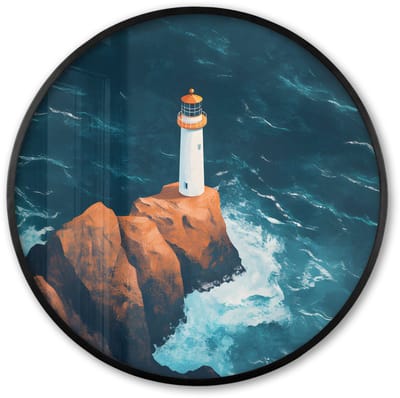 Poster in lijst Rond - Fotolijst 60x60 cm - Posters - Vuurtoren - Rots - Zee - Golven - Ronde posterlijst zwart - Decoratie - Wanddecoratie woonkamer - Muurdecoratie slaapkamer