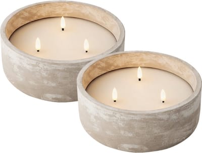 Lumineo LED kaars/stompkaars - 2x st - met 3 lonten - beton grijs - D20 x H8 cm - buiten
