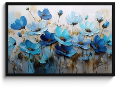 Poster in lijst - Fotolijst 90x60 cm - Posters - Bloemen - Schilderij - Blauw - Posterlijst zwart - Decoratie - Wanddecoratie woonkamer - Muurdecoratie slaapkamer