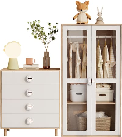 Kombinationskleiderschrank 160×50×150cm | Wit+Naturholz | AcrylTüren + 4 Schubladen + Nachttisch | MDF
