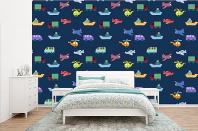 Behang - Fotobehang Patronen - Vliegtuig - Boot - Vrachtwagen - Jongetje - Jongens - Kinderen - Kids - Breedte 385 cm x hoogte 240 cm