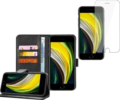 Geschikt voor iPhone SE 2020 / 8 / 7 - Book Case Portemonnee Hoesje Zwart met Screenprotector