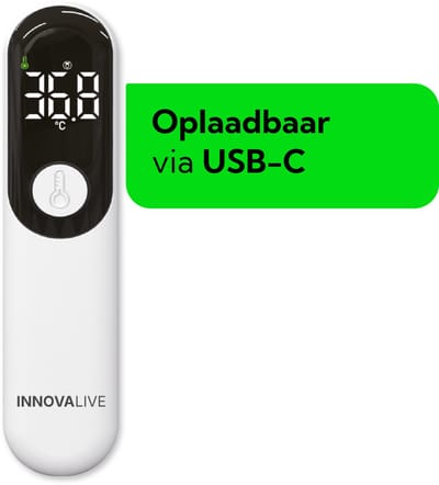 InnovaLive® Koortsthermometer Voorhoofd – Contactloos Infrarood – voor Baby's, Kinderen & Volwassenen – Digitaal – USB-C Oplaadbaar