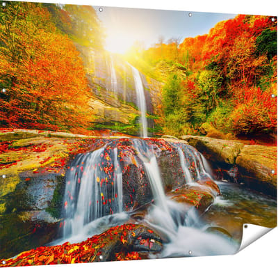 Gards Tuinposter Waterval in de Herfst Kleuren - 150x120 cm - Tuindoek - Tuindecoratie - Wanddecoratie buiten - Tuinschilderij