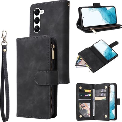 YPCd Wallet Case Pasjeshouder met Rits – Geschikt voor Samsung Galaxy S24 – Luxe Bookcase Hoesje met 6 Pasjesvakken & Polsbandje – Zwart
