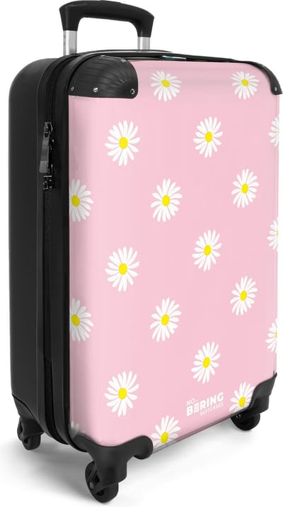 NoBoringSuitcases.com® - Handbagage koffer lichtgewicht - Reiskoffer trolley - Pastel roze met madeliefjes - Reistrolley - Rolkoffer met wieltjes - Past binnen 55x40x20 en 55x35x25