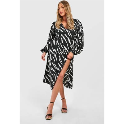 boohoo Dames Plus Animal Print Blouson Sleeve Midi Jurk | Black | Maat: 28