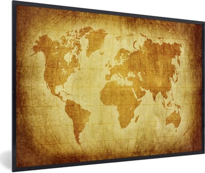 Poster in lijst - Fotolijst 90x60 cm - Posters - Wereldkaart - Papyrus - Bruin - Kinderen - Jongens - Meisjes - Posterlijst zwart - Decoratie - Wanddecoratie woonkamer - Muurdecoratie slaapkamer