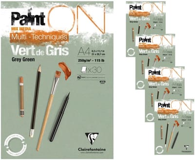 Clairefontaine - Paint ON - Multi-Techniek Pad - Tekenpapier - Schilderpapier - Grijs Groen - A4 - 250 g - 30 vel - 4 pack