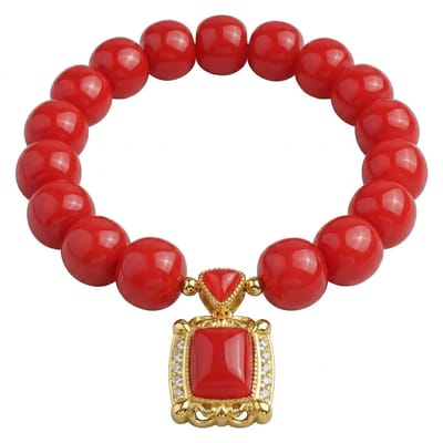 Rood goudkleurige kralen armband voor dames met vierkante hanger – elastische armband met siersteen detail