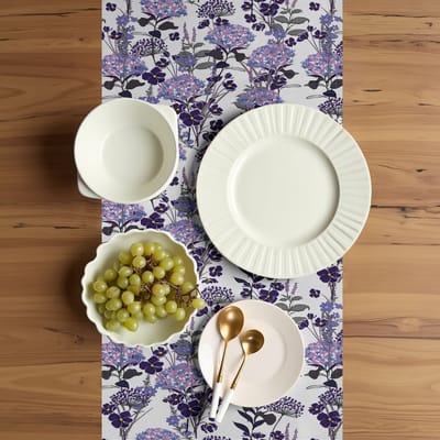 ABAKUHAUS Bloementafelloper, lentebloemenrommel, eetkamerkeuken rechthoekige decoratieve tafelloper, 40 x 225 cm, paarsblauw Ceil Blue