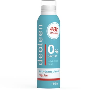 Deoleen Anti-transpirant - Aerosol Regular - Voorkomt overmatige transpiratie en transpiratiegeur - 48 uur effectief - 0% parfum - Dermatologisch getest - Deodorant - 150 ml