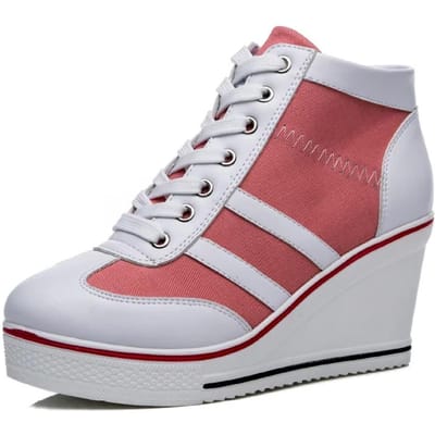 Dames Pumps Schoenen Nieuwe Sleehak Casual Canvas Schoenen Dames Zijketting Vetersluiting Casual Platform Schoenen 8Cm Hoge Hak Schoenen 38 roze