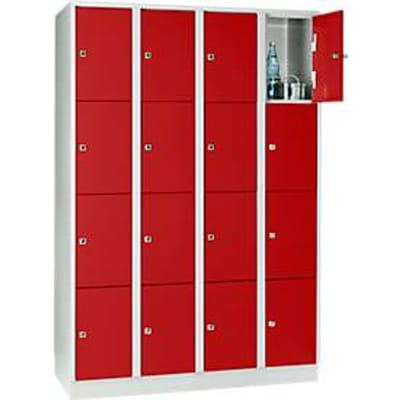 Vakkenkast 300 mm, 4 compartimenten, 16 vakken, veiligheidscilinderslot, sokkel, vuurrood