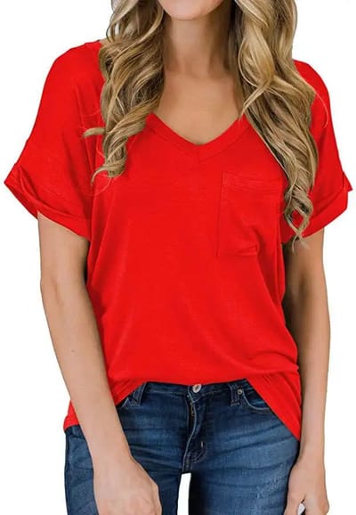ASTRADAVI Casual Wear - Dames V-Hals T-Shirts met Borstzakje - Trendy Opgerolde Mouwen - Rood / Small