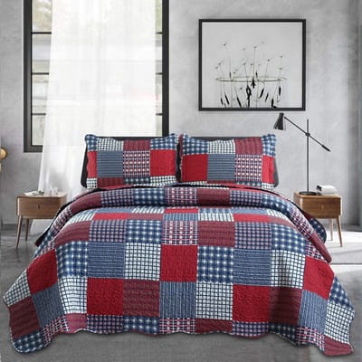 Home Heren omkeerbare lichtgewicht patchwork sprei met 2 kussenslopen rood blauw