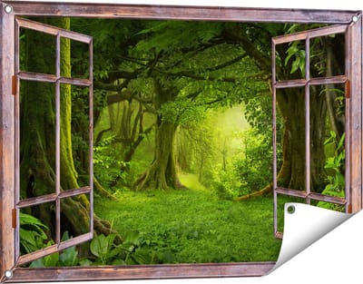 Gards Tuinposter Doorkijk Groene Tropische Jungle Bos - 90x60 cm - Tuindoek - Tuindecoratie - Wanddecoratie buiten - Tuinschilderij