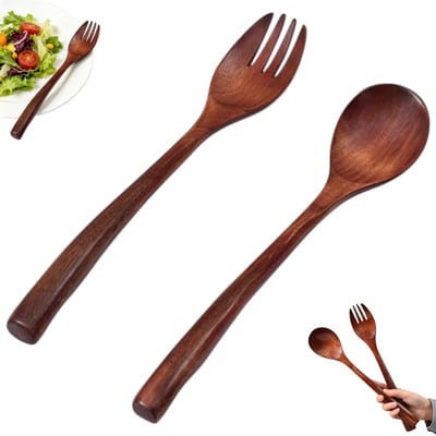 2 stuks - Houten lepel en vork met lange steel - salade-menglepel - dessert-menglepel - bruin - Houten lepel- en vorkenset - bestekset met lange steel - houten vork- en lepelset - hittebestendige houten lepel- en vorkset - keukengerei en servies