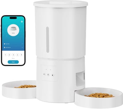 droogvoerdispenser voor katten, dubbel: automatische droogvoerdispenser voor hond/kat, 5 l, met WiFi 2,4G timer - design dubbele voerbak AONBOY met app voor meerdere katten en honden