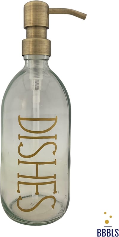 BBBLS® Design Dispenser "Dishes" | Transparant Kunststof | 500ml | RVS / Metaal Pomp Goud | Zeeppomp | Zeepdispenser | Zeephouder