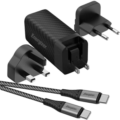 ENERGIZER, GaN Oplader 65W PD - USB-C & USB-A Poort - Met EU / UK / US Adapters, Zwart