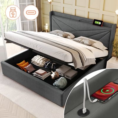 VVBV Opbergbed Gestoffeerd 160x200 cm met Voor Kinderen/Tieners, Hoofdbord - Lattenbodem, USB - Linnen - Zonder Matras