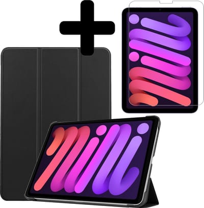 Hoesje - Geschikt voor Apple iPad Mini 6 (2021) - 8.3 inch - 6e Generatie - Met Screenprotector - Hardcover Book Case - Trifold Bookcase Hoes - Hard Cover - Tablethoes - Zwart