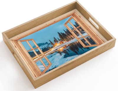 Dienblad hout 40x30 cm - Schootdienblad - Winterlandschap - Natuur - Huis - Bergen - Doorkijk - Raam - Borrelplank rechthoek - Plateau dienbladen