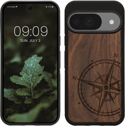 kwmobile telefoonhoesje geschikt voorGoogle Pixel 10 / Pixel 10 Pro - Hoesje met bumper - hout - In donkerbruin Vintage Kompas design