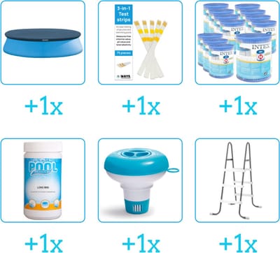 Accessoires voor Intex Easy Set Zwembad - 305x61 cm - Rond - Opblaasbaar - Met filterpomp - Intex - 28021 - Afdekzeil - Testrips - Filters - Chloor - Chloordrijver - Ladder