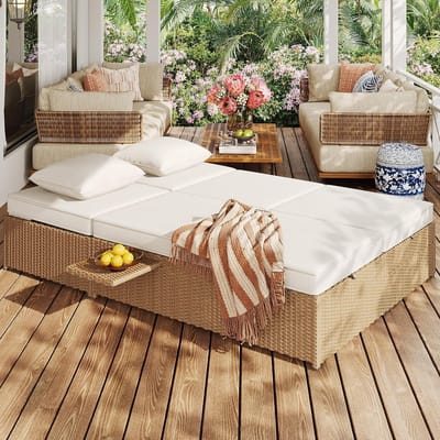 Zonneligstoel 2 Persoons met Ligfunctie en Verstelbare Rugleuning 199 x 120 x 81 cm – Luxe Rotan Hemel Loungeset met Kussens, Plank en Hoofdsteunen – Weerbestendig Tuin Ligbed – Kaki/Beige – Laura
