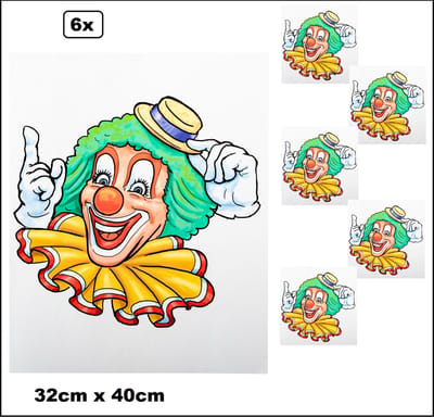 6x Raam sticker clown Banjo - 32cm x 40cm - Carnaval thema feest festival party feest decoratie versiering