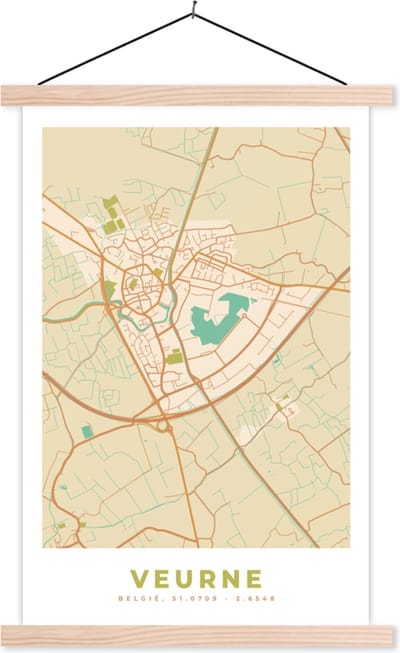 Posterhanger incl. Poster 40x60 cm - Schoolplaat - Stadskaart - Kaart - Plattegrond - Vintage - Veurne - Textielposter - Blanke latten - Stadskaart