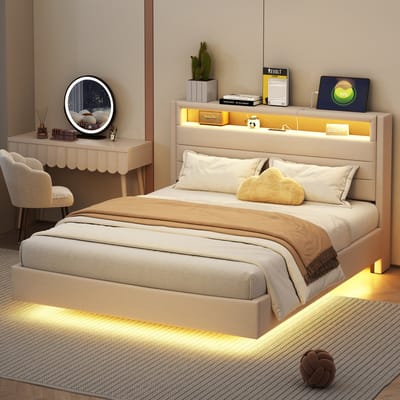 Wishdor – Gestoffeerd Bed 140x200 cm – Met LED, USB & Omklapbaar Hoofdbord – Creëert Opbergruimte – Linnen – Beige