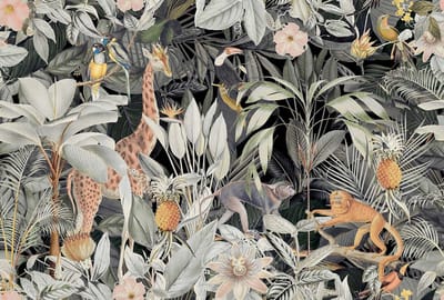 Fotobehang NostalgicAnimals1 DD119729 A.S. Création ARTist Grijs Groen Vlies 270 x 400 cm (4 delen) Fotobehang online webshop
