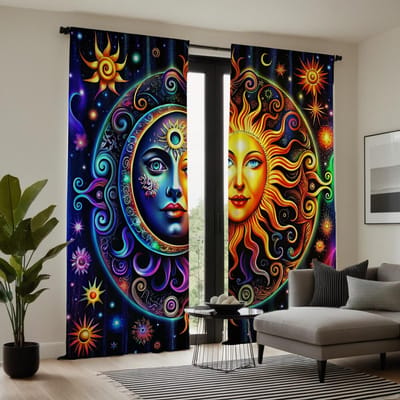 2 STUKS HD digitale gordijnen bedrukt paarse sterrenhemel Zon en maan mensen huisdecoratie stijl decoratie woonkamer slaapkamer w W52H63inchW132H160cm blue