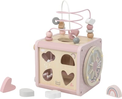 Label Label - 5-in-1 Houten Activiteitenkubus - Roze/Naturel - FSC Hout - Vormenstoof, Xylofoon, Kralenspiraal & Meer - Stimuleert Hand-Oog Coördinatie en Vormherkenning - Geschikt voor Kindjes vanaf 18 Maanden