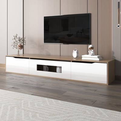Wishdor - Tv-Meubel - Hoogglans Afwerking - Geribbelde Deuren - Ledverlichting Met 16 Kleuren - Spaanplaat - Wit En Houtkleur - 180 X 35 X 30 Cm