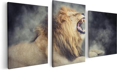 Artaza Canvas Schilderij Drieluik Brullende Leeuw - 120x60 - Foto Op Canvas - Canvas Print